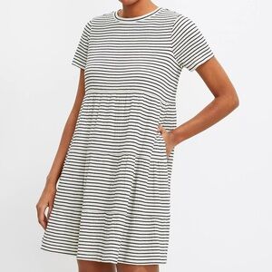 LOFT Navy and White Striped Garment Crinkle Tiered Swing Pocket dress
